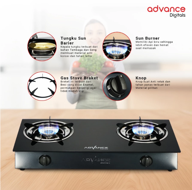 Advance GB-200K Kompor Gas 2 Tungku Kaca Api Biru Bahan Tebal irit Gas Garansi Resmi 1 Tahun