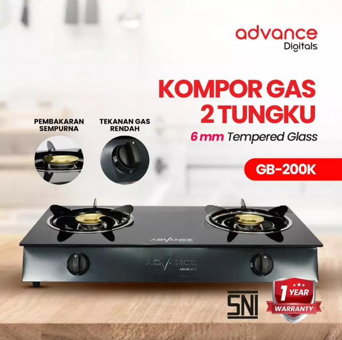 Advance GB-200K Kompor Gas 2 Tungku Kaca Api Biru Bahan Tebal irit Gas Garansi Resmi 1 Tahun