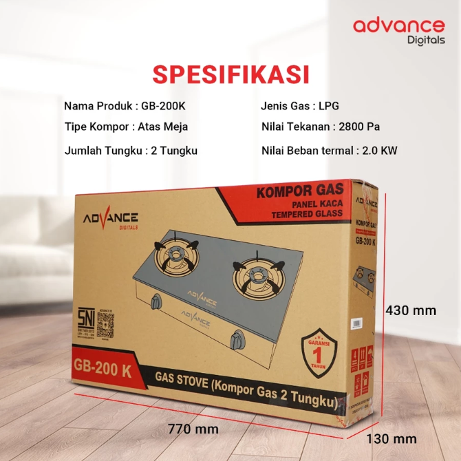 Advance GB-200K Kompor Gas 2 Tungku Kaca Api Biru Bahan Tebal irit Gas Garansi Resmi 1 Tahun