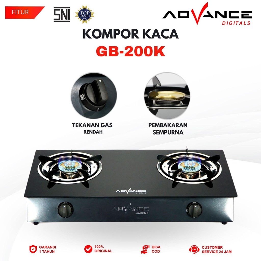 Advance GB-200K Kompor Gas 2 Tungku Kaca Api Biru Bahan Tebal irit Gas Garansi Resmi 1 Tahun