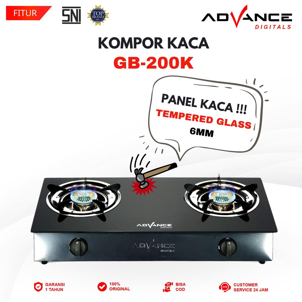 Advance GB-200K Kompor Gas 2 Tungku Kaca Api Biru Bahan Tebal irit Gas Garansi Resmi 1 Tahun