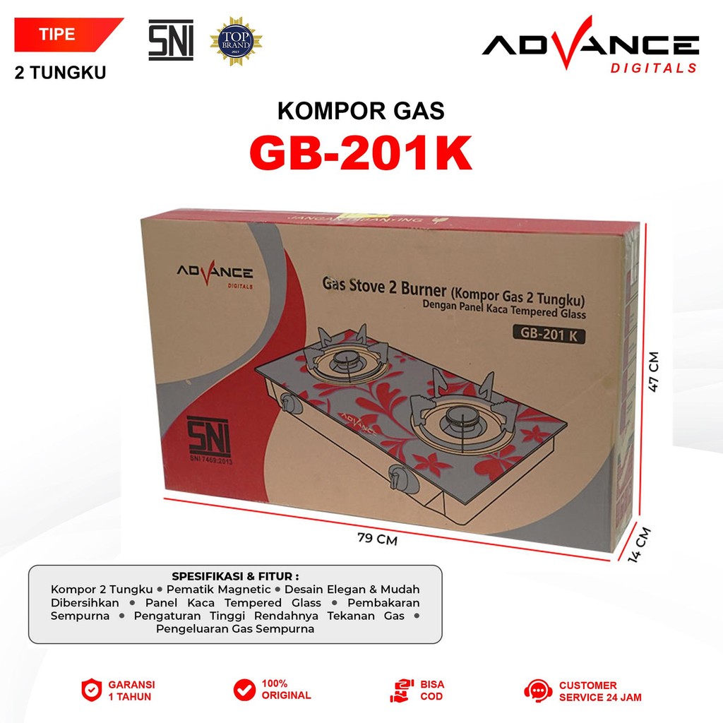 Advance Kompor Gas Kaca Tempered Glass 2 Tungku Advance GB-201K Garansi 1 Tahun