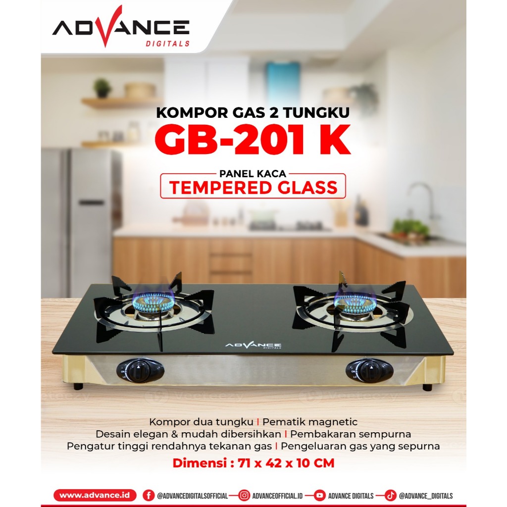 Advance Kompor Gas Kaca Tempered Glass 2 Tungku Advance GB-201K Garansi 1 Tahun