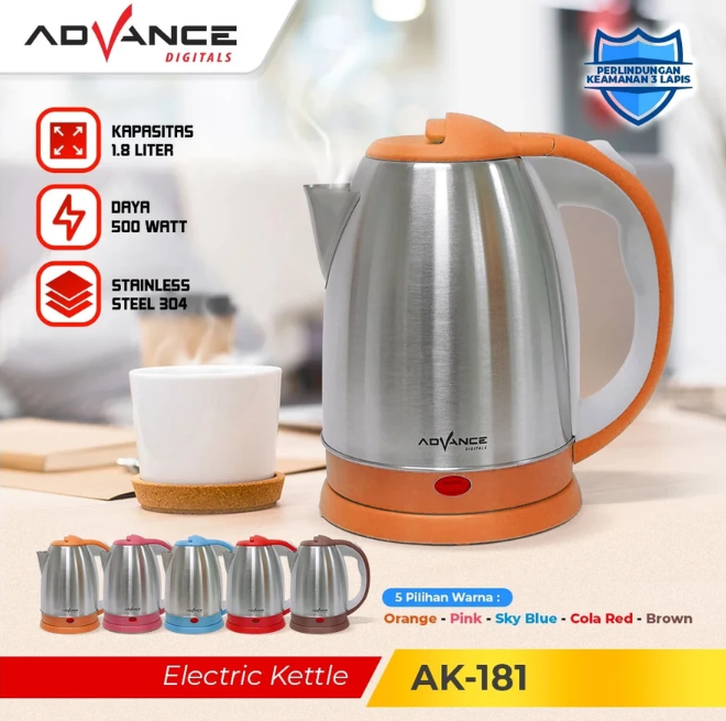 Advance AK181 Kettle Listrik 1.8L Teko Listrik Anti-rust thermos Stainless Steel with Cool Touch Handle