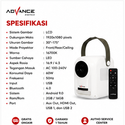 Advance AP 01 Proyektor Portabel, Proyeksi Pintar HD 1080P Home Theater Android  6500 Lumens Full HD LCD LED Garansi 12 Bulan