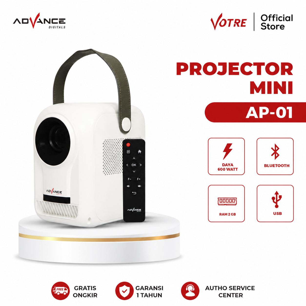 Advance AP 01 Proyektor Portabel, Proyeksi Pintar HD 1080P Home Theater Android  6500 Lumens Full HD LCD LED Garansi 12 Bulan