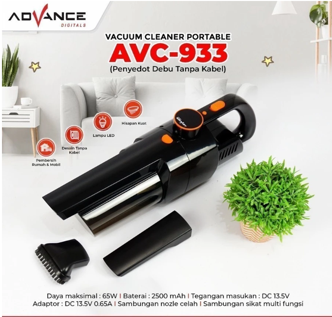 Advance Digitals AVC-933 Vacum Cleaner Portable Daya Baterai Besar 2500 mAh 65 Watt LED Lightning Vakum Tabung Pel dan Sapu Listrik Garansi Resmi 1 Tahun