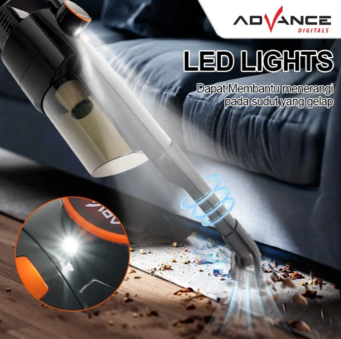 Advance Digitals AVC-933 Vacum Cleaner Portable Daya Baterai Besar 2500 mAh 65 Watt LED Lightning Vakum Tabung Pel dan Sapu Listrik Garansi Resmi 1 Tahun