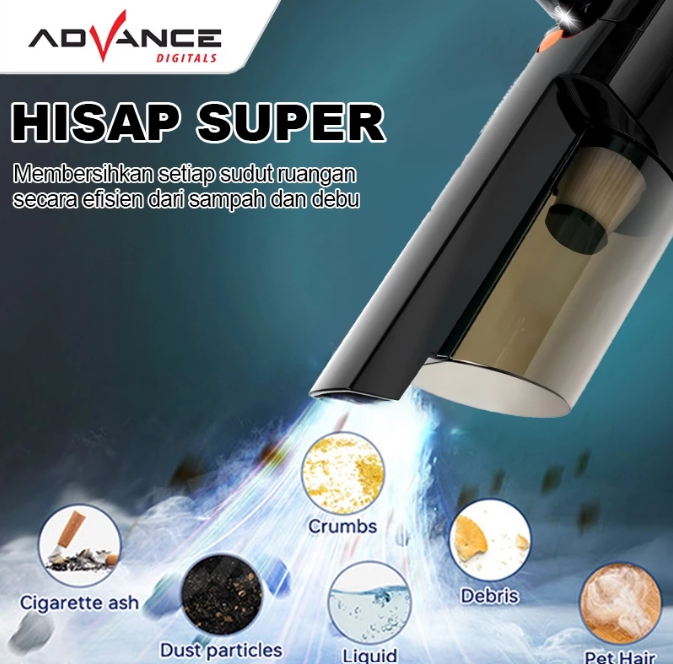 Advance Digitals AVC-933 Vacum Cleaner Portable Daya Baterai Besar 2500 mAh 65 Watt LED Lightning Vakum Tabung Pel dan Sapu Listrik Garansi Resmi 1 Tahun