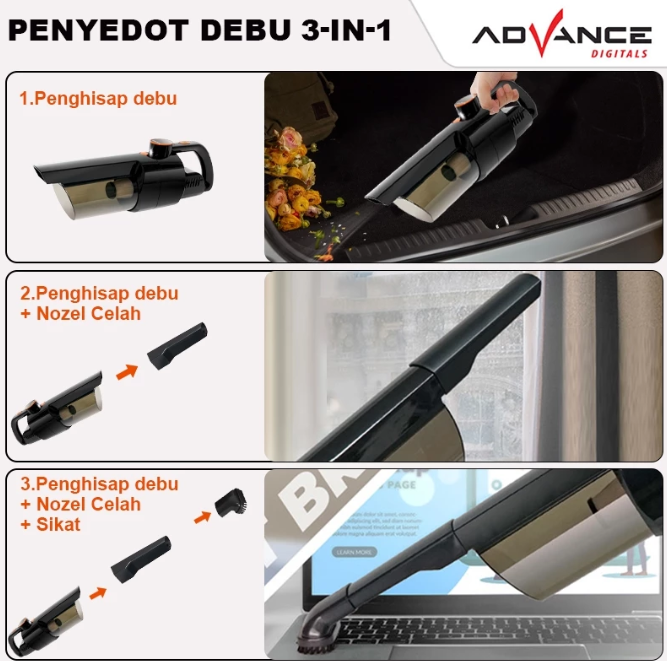 Advance Digitals AVC-933 Vacum Cleaner Portable Daya Baterai Besar 2500 mAh 65 Watt LED Lightning Vakum Tabung Pel dan Sapu Listrik Garansi Resmi 1 Tahun