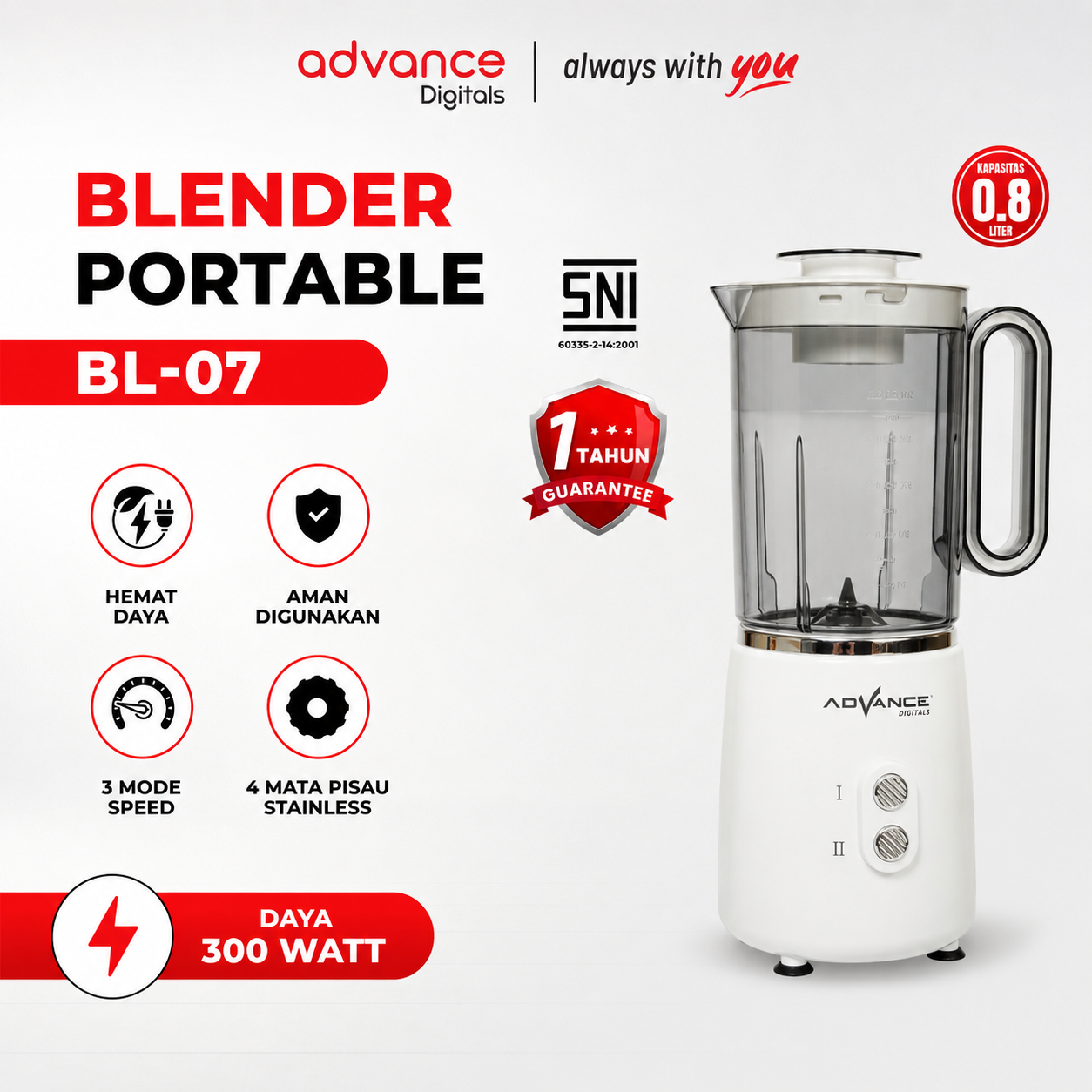 Advance Digitals BL-7 Blender Listrik 800ml 2 Kecepatan Daya 300 Watt Garansi Resmi 1 Tahun