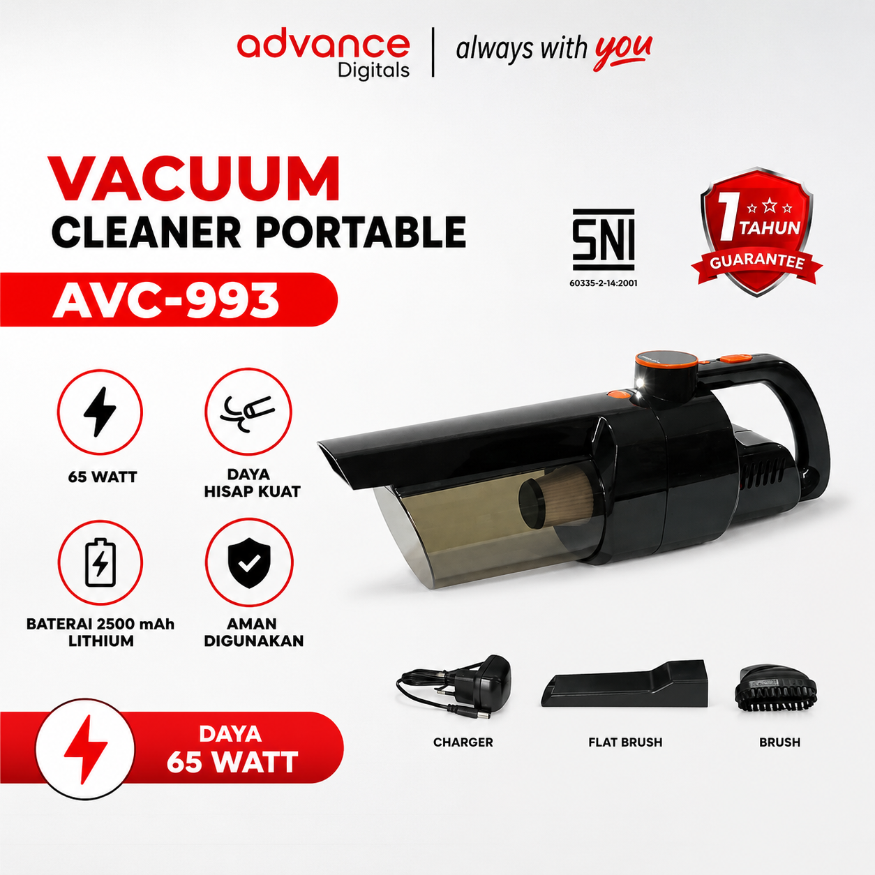 Advance Digitals AVC-933 Vacum Cleaner Portable Daya Baterai Besar 2500 mAh 65 Watt LED Lightning Vakum Tabung Pel dan Sapu Listrik Garansi Resmi 1 Tahun