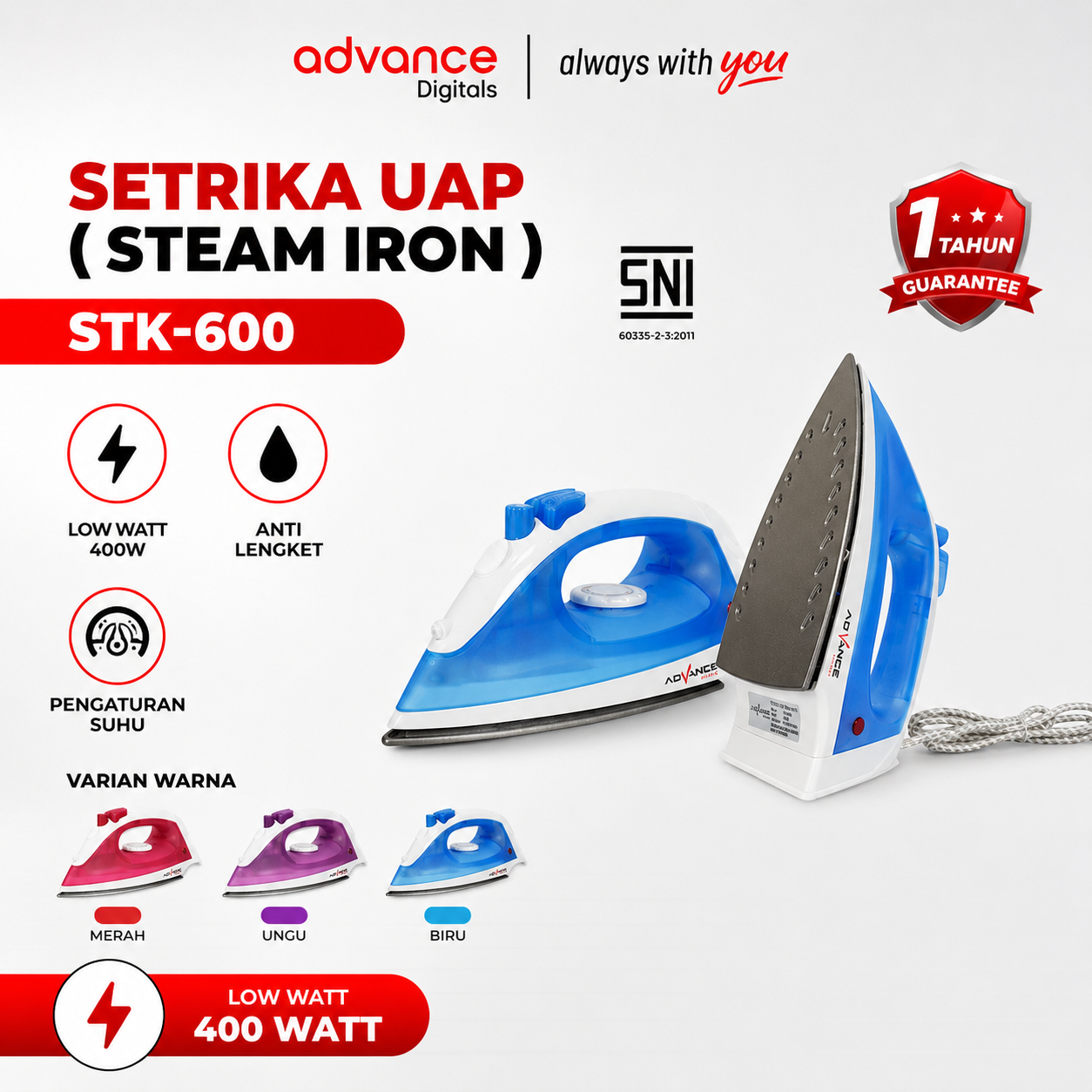 Advance Setrika Uap Listrik Anti Lengket Advance STK-600 Garansi Resmi 1 Tahun