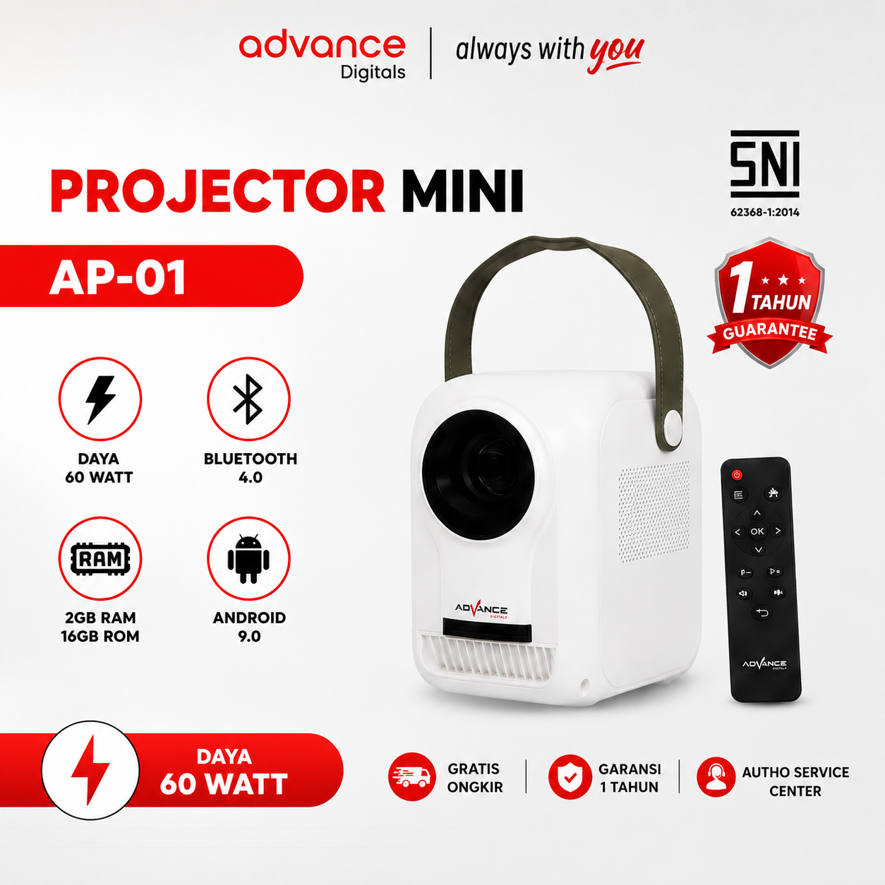 Advance AP 01 Proyektor Portabel, Proyeksi Pintar HD 1080P Home Theater Android  6500 Lumens Full HD LCD LED Garansi 12 Bulan