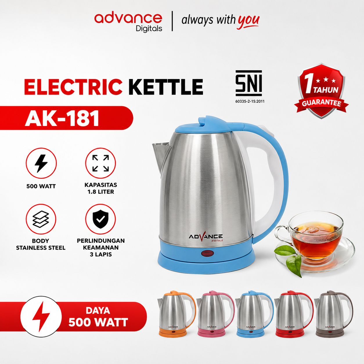 Advance AK181 Kettle Listrik 1.8L Teko Listrik Anti-rust thermos Stainless Steel with Cool Touch Handle
