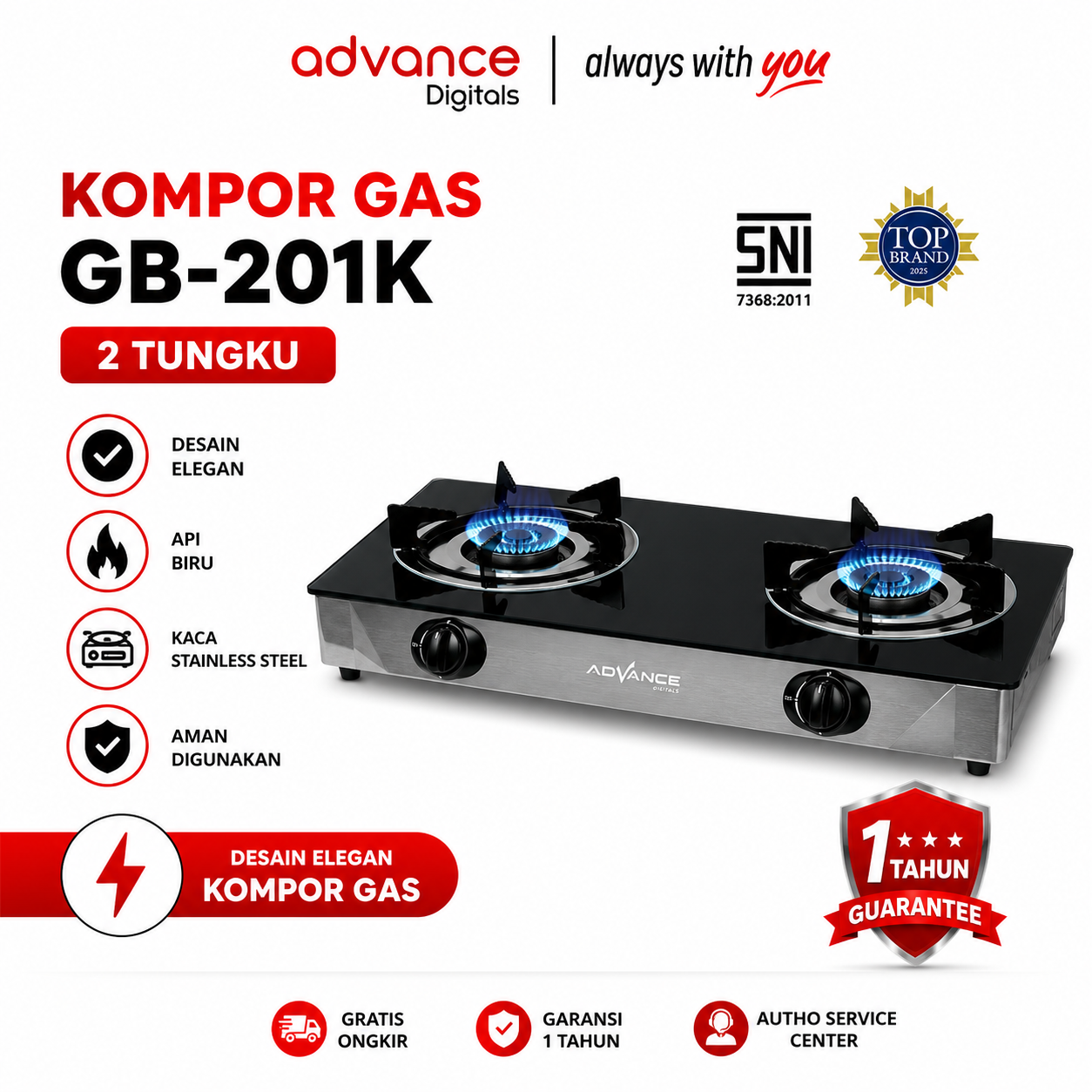 Advance Kompor Gas Kaca Tempered Glass 2 Tungku Advance GB-201K Garansi 1 Tahun