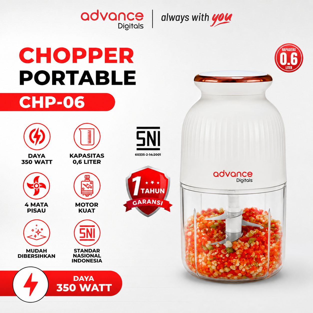 Advance Digitals CHP-06 Chopper 0.6 Liter 350 Watt Penggiling Daging / Bumbu Masakan Garansi Resmi 1 Tahun