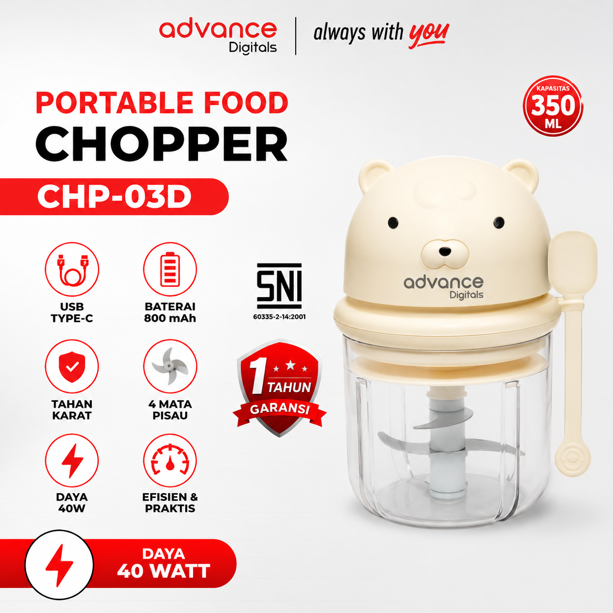 Advance Digitals CHP-03D Penggiling Daging Chopper Portable 4 Mata Pisau Stainless Garansi Resmi 1 Tahun