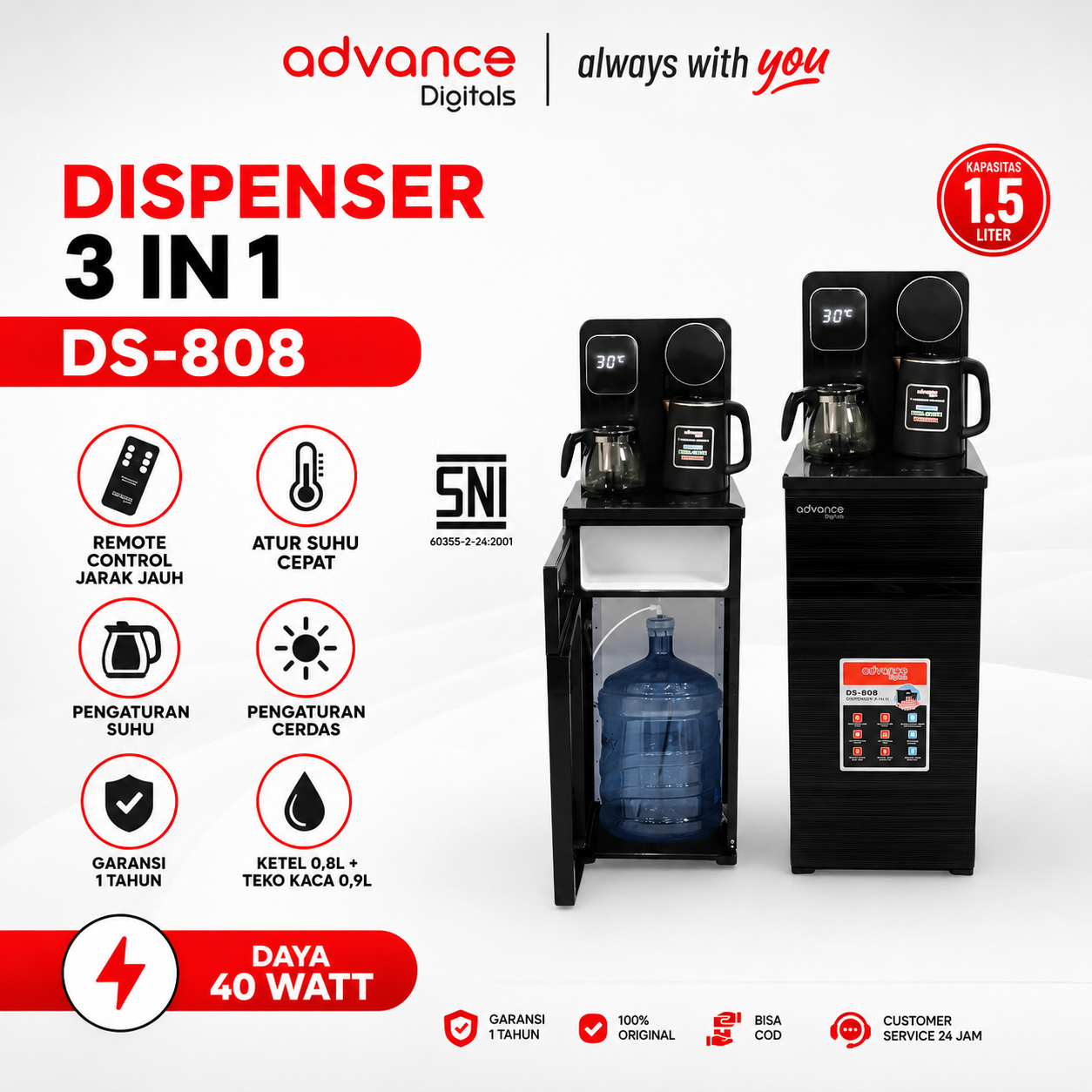 Advance Digitals DS-808 Water Dispenser Air Galon Bawah 3in1 Hot Cool Fresh Paylater Daya Maksimal 690 Watt Garansi Resmi 1 Tahun Free Ketel dan Teko Kaca