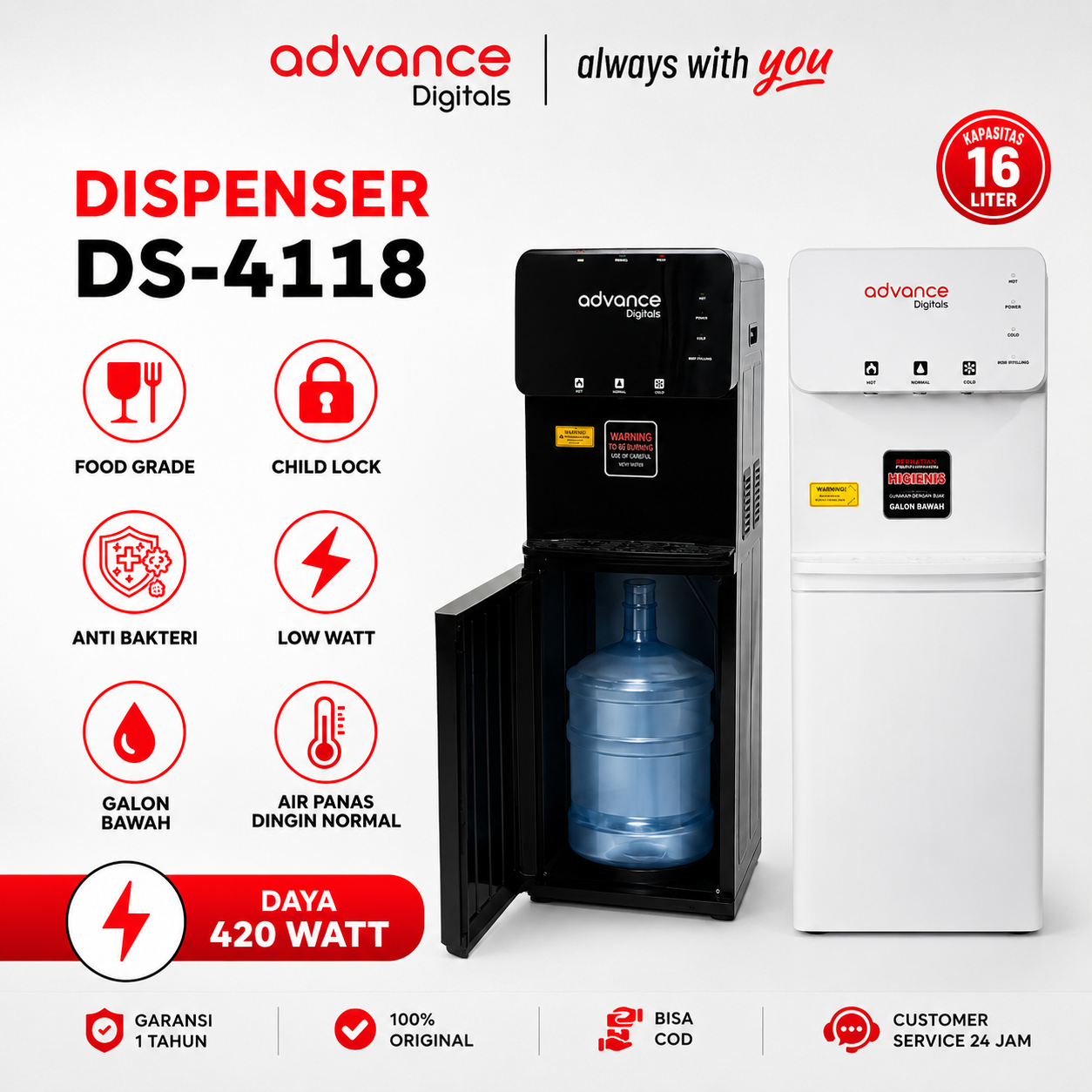 Advance Digitals DS-4118 Water Dispenser Air Galon Bawah 3in1 Hot Cool Fresh Daya 450 Watt Garansi Resmi 1 Tahun