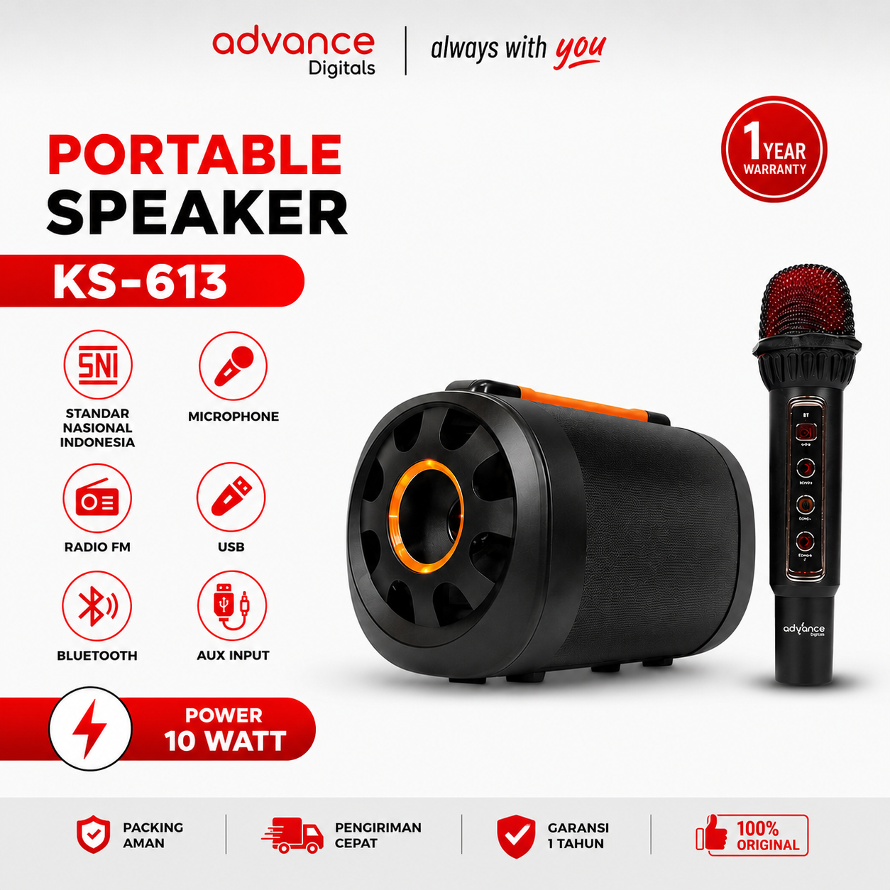 Advance Digitals KS-613 Speaker Bluetooth Portable With Mic Wireless Karaoke Recharger USB Garansi Resmi 1 Tahun