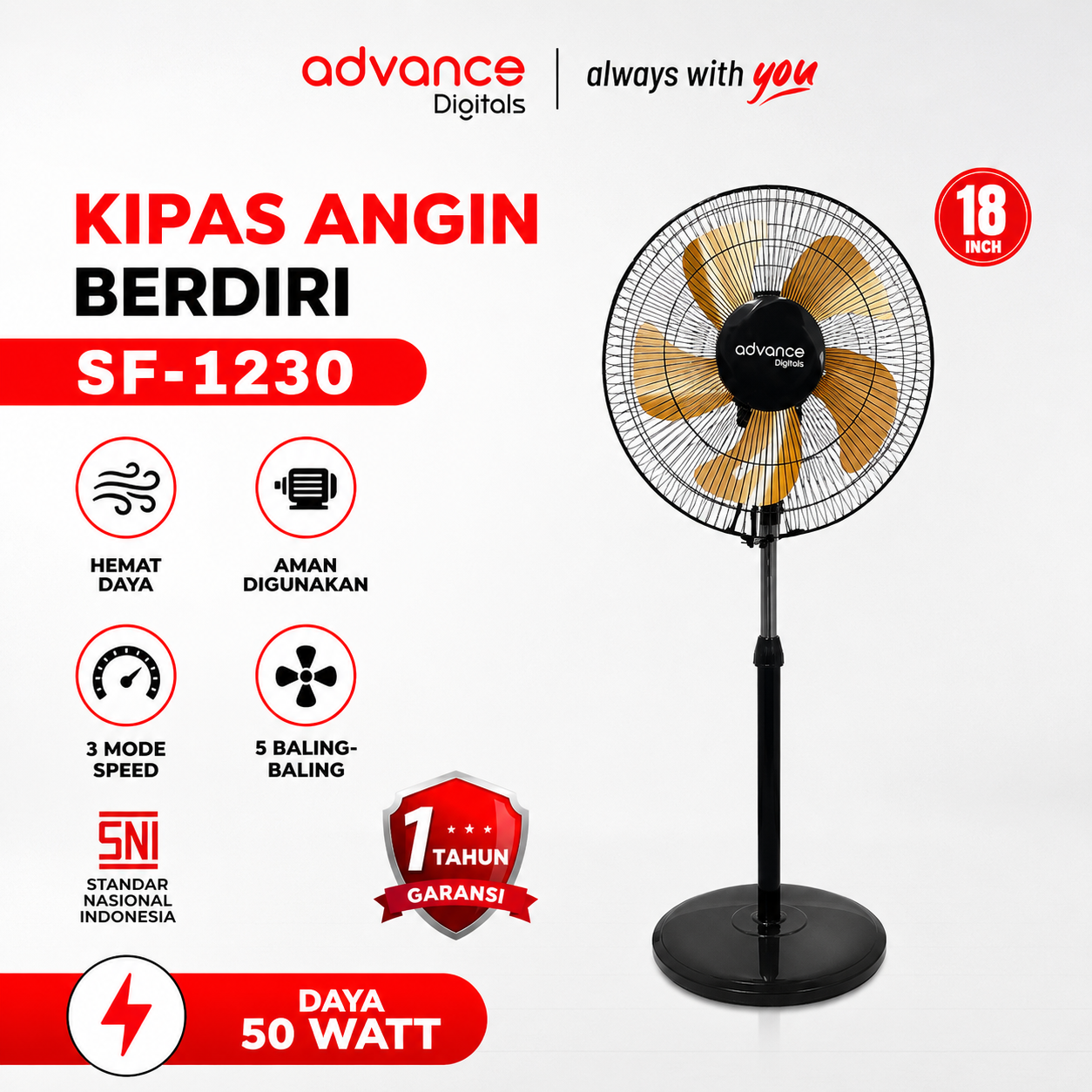 Advance Digitals SF-1230 Kipas Angin 12" 5 Baling-Baling Hemat Daya 1 Tahun Garansi Resmi