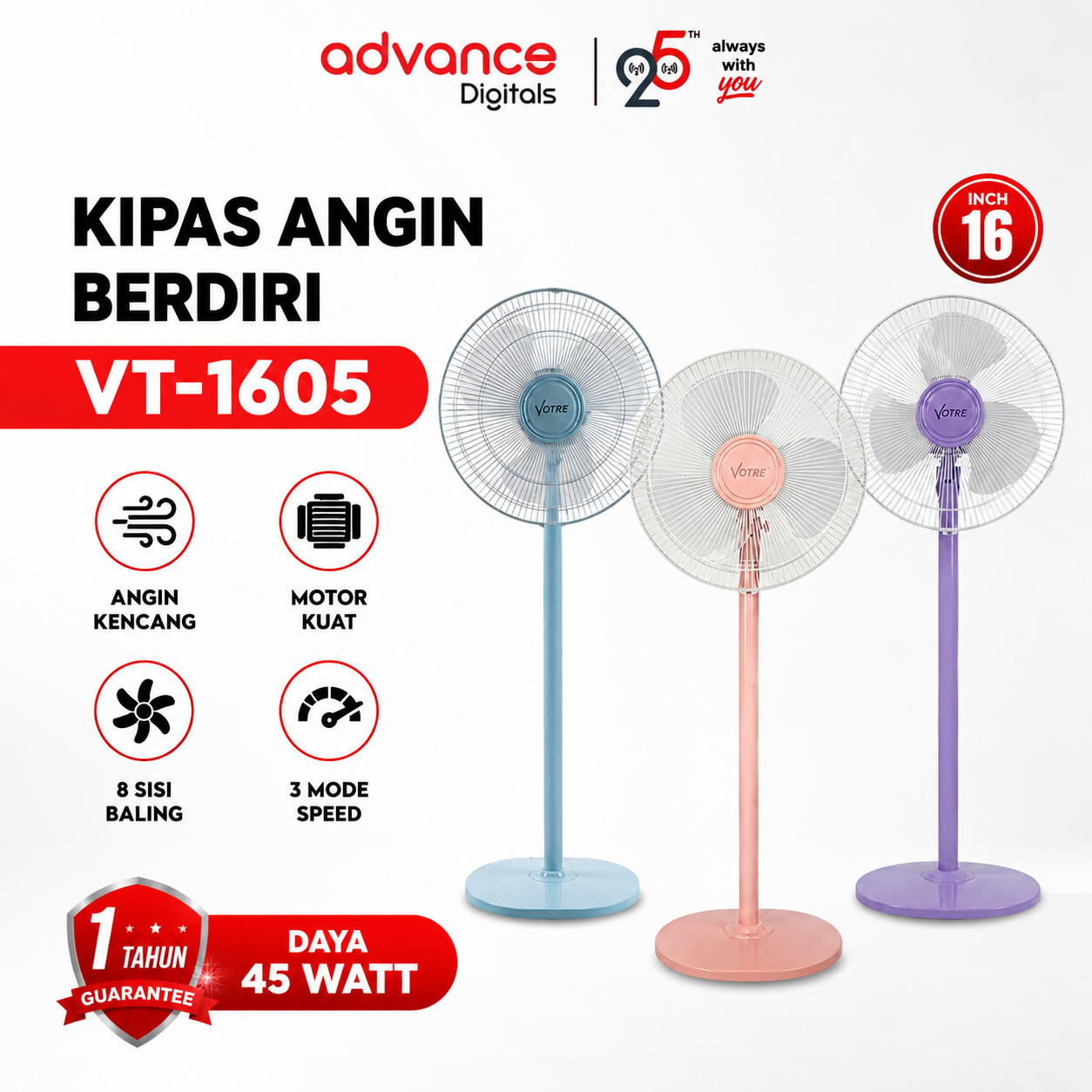 VOTRE Kipas Angin Berdiri Stand Fan VT-1605 Votre 16 inch Garansi 12 Bulan