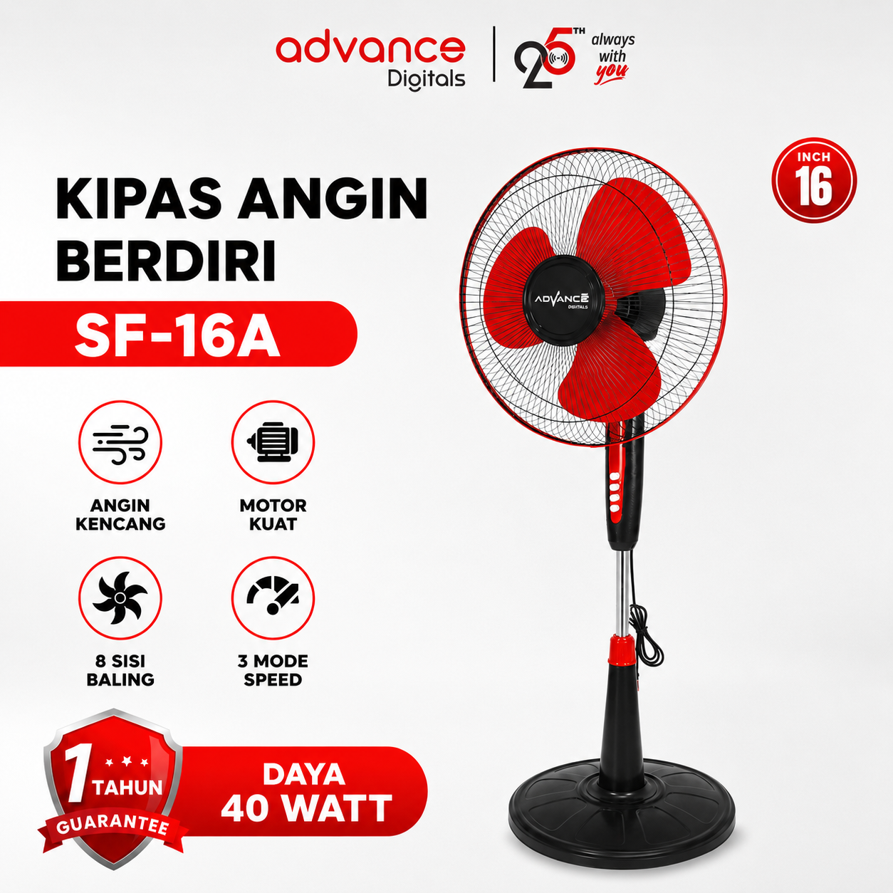 VOTRE Kipas Angin Standfan 16" SF-16A Advance Digitals Kipas berdiri 3 Speed Garansi 12 Bulan