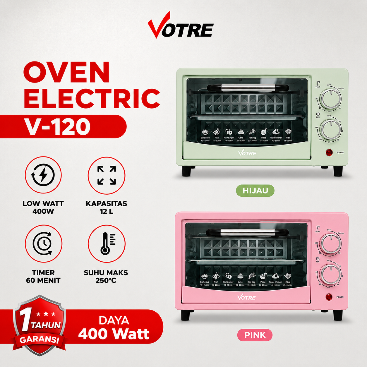 Votre Oven Listrik V-120 Pemanggang 12 Liter 2 Element 400 Watt Garansi Resmi 12 Bulan
