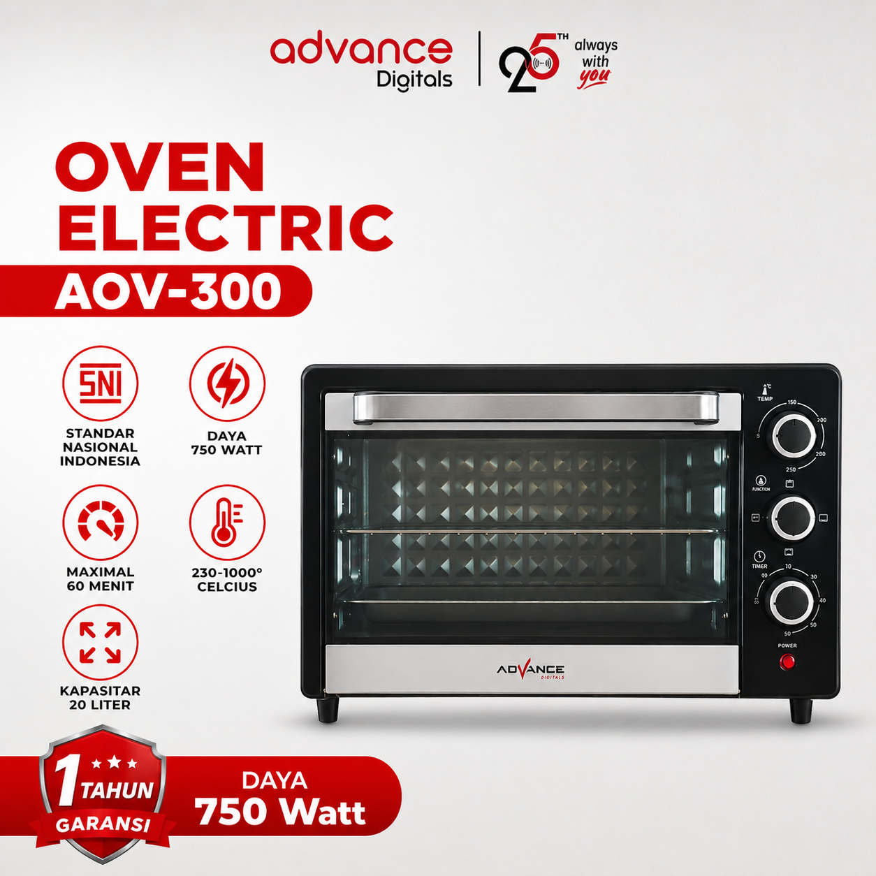 Advance Digitals Oven Listrik Serbaguna AOV 300 750W 20L Garansi Resmi 1 Tahun
