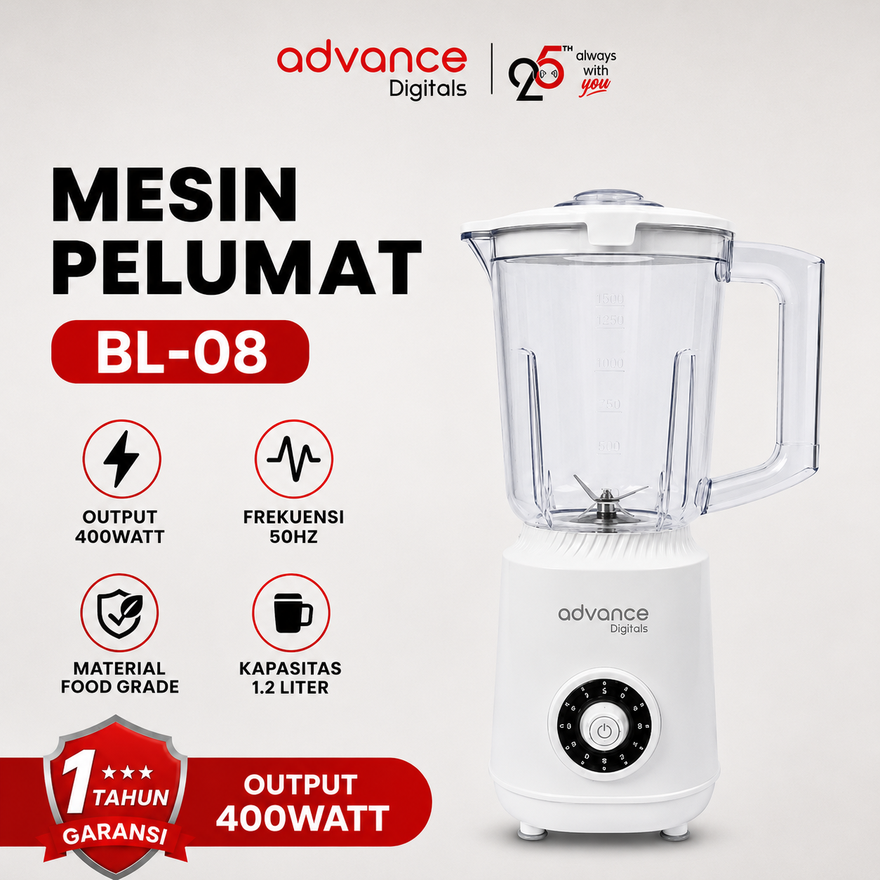 Advance Digitals BL-08 Blender Listrik 1.200ml 8 Mata Pisau Safety System Lock Daya 400 Watt Garansi 1 Tahun