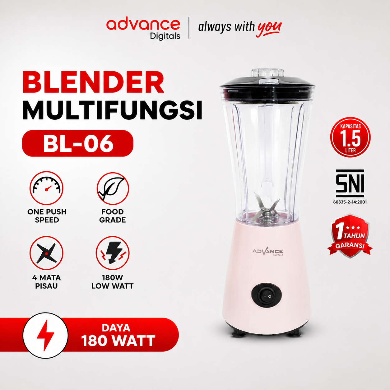 Advance Digitals BL-6 NEW! Blender Listrik Kecepatan variabel Penghancur Es 180 Watt Garansi Resmi 1 Tahun