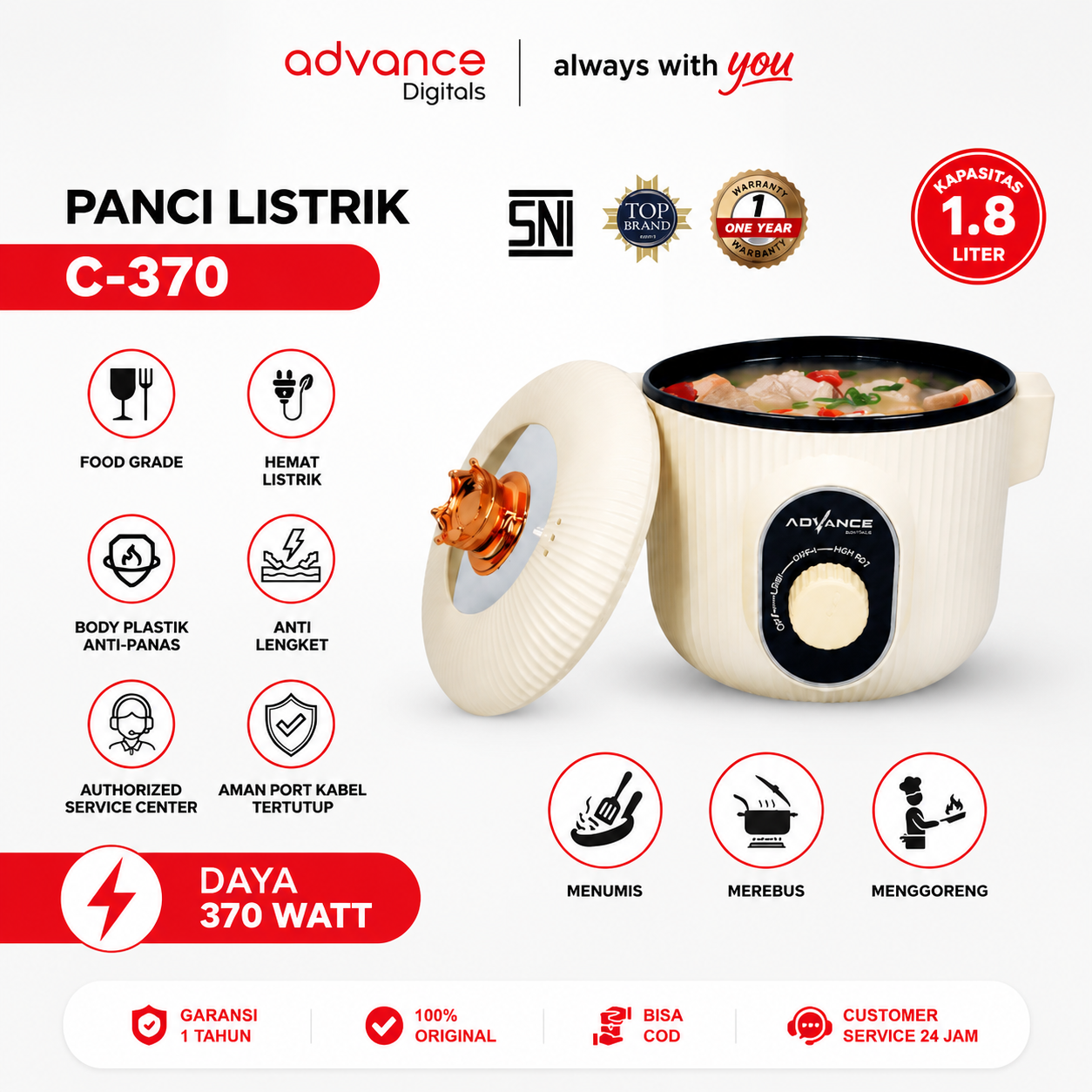 Advance Digitals C-370 Warmer Steamer Cooker / Panci Elektrik 1.25 Liter 400-600 Watt Garansi Resmi 1 Tahun Kabel Listrik Pink