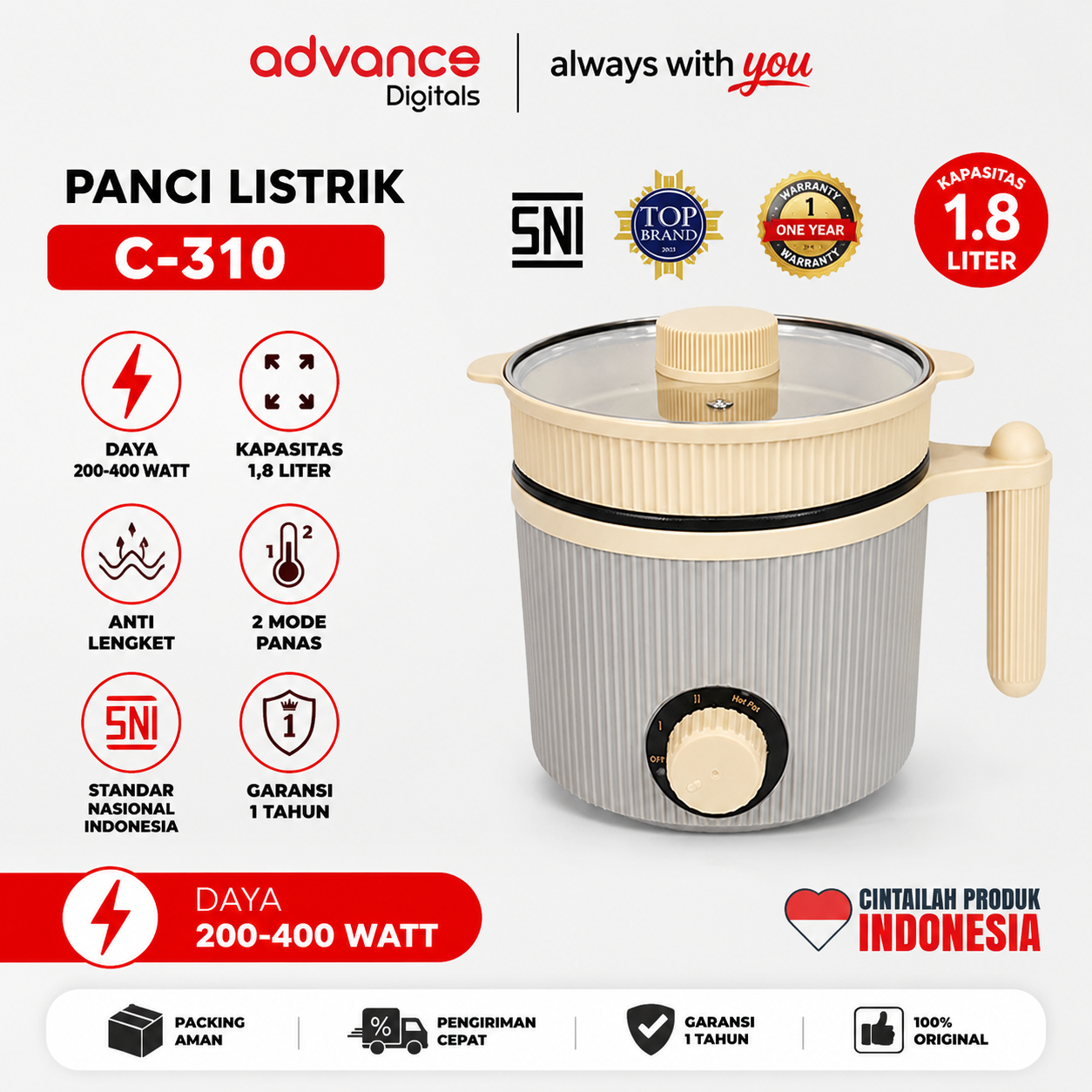 Advance Digitals C-310 Panci Listrik Elektrik Multifungsi 1.6L Steamer Warmer Cooker Stainless Steel Garansi Resmi 1 Tahun