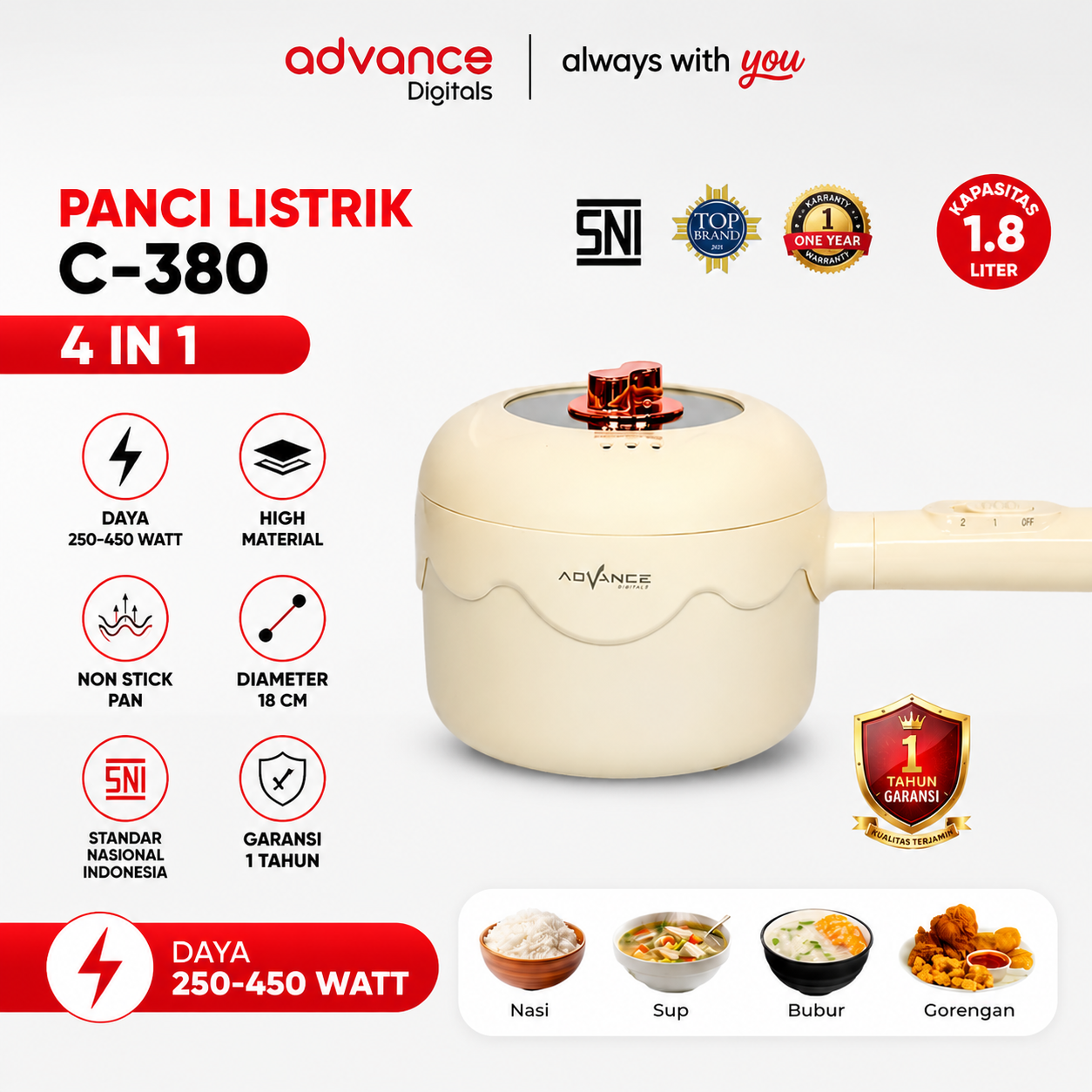 Advance Digitals C-380 Panci Listrik 1,8 Liter 450 Watt Panci Serbaguna Garansi Resmi 1 Tahun