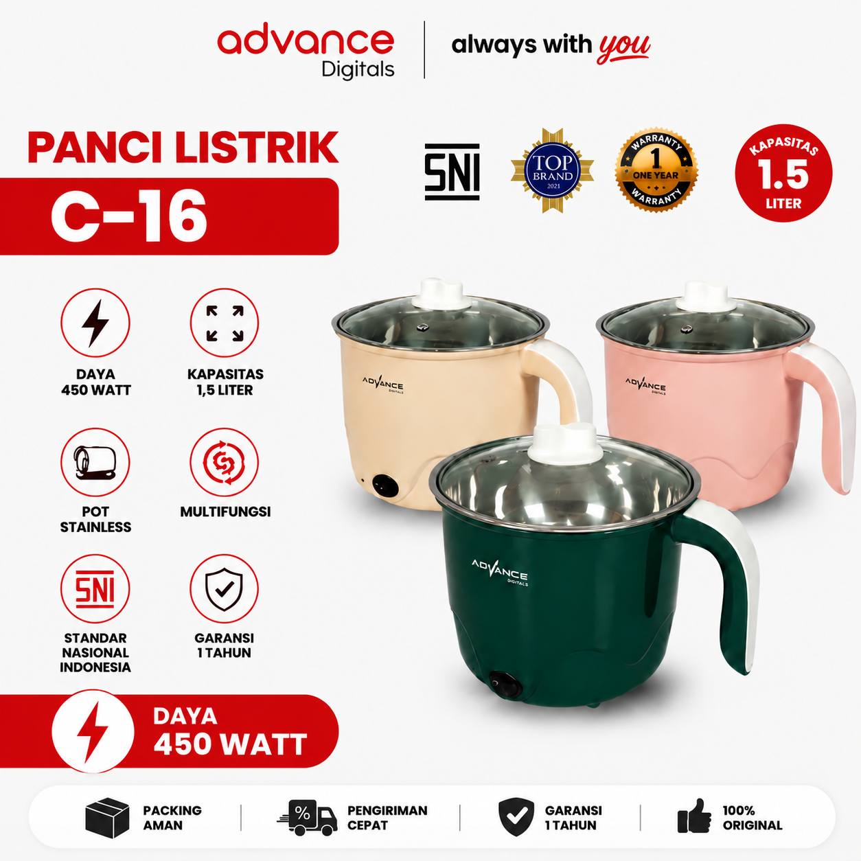 Advance Digitals Panci Listrik C-16 Listrik Multifungsi Stainless Steel Garansi 12 Bulan