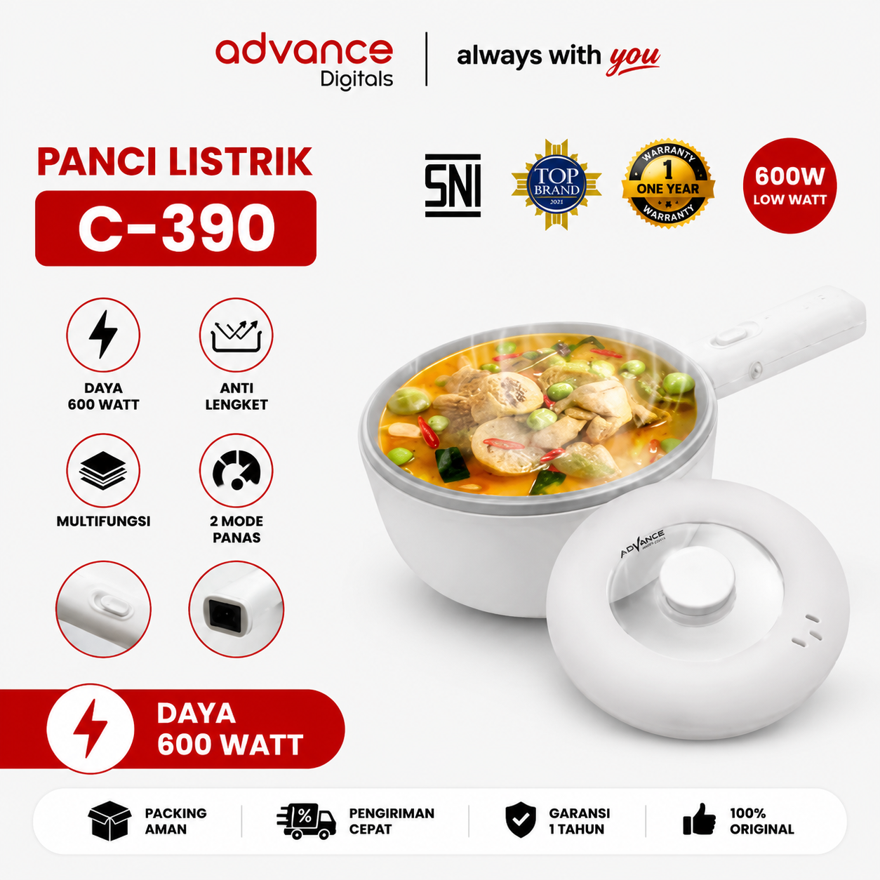 Advance Digitals C-390 Panci Listrik Serbaguna 600 Watt Ukuran 20 cm Garansi Resmi 1 Tahun