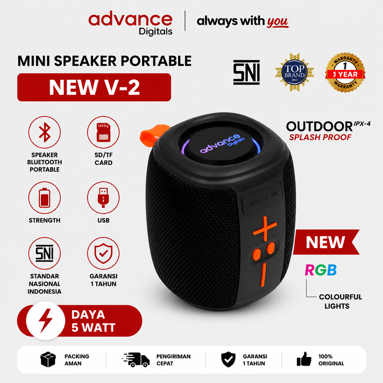 Advance Digitals V-2 Mini Bluetooth Speaker TWS RGB Light IPX4 Splash Proof Portable Speaker SD Card Garansi 1 Tahun