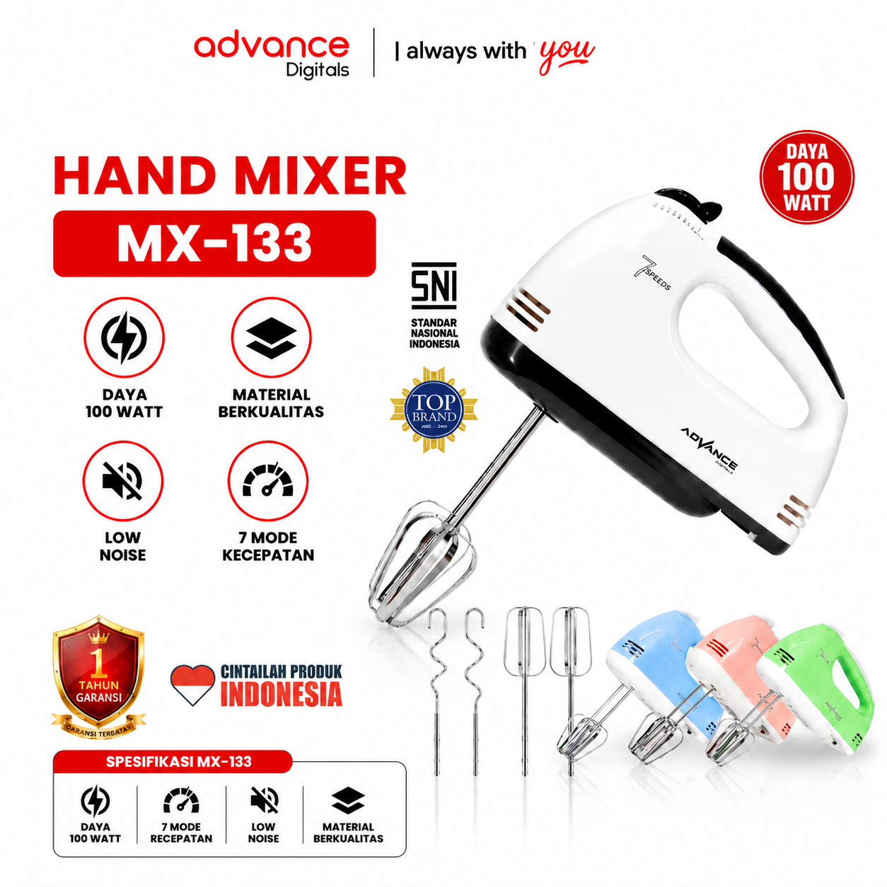 Advance Digitals MX-133 Electric Mixer Pengaduk Adonan Multifungsi Garansi Resmi 1 Tahun / Hand Mixer Roti dan Kue MX133 7 Percepatan / MX 133 7 Speed dengan 4 Pilihan Warna Putih Pink Biru Hijau