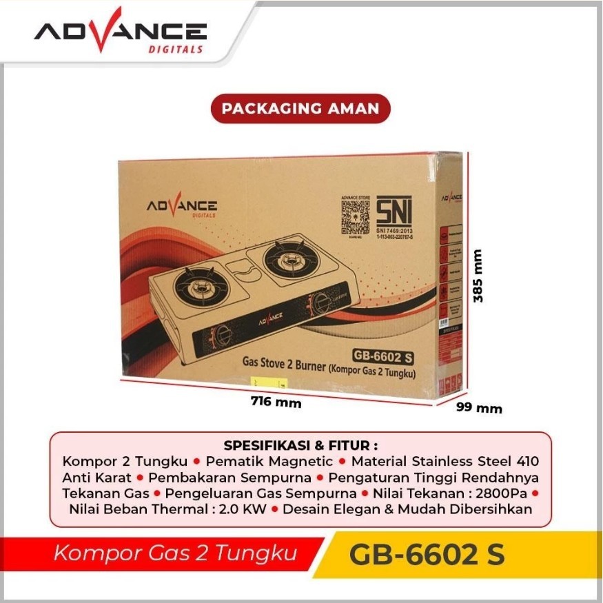 Advance Kompor Gas 2 Tungku GB6602S Body Full Stainless Steel kompor Api Biru