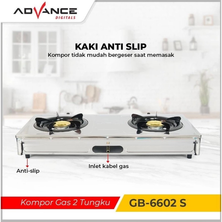 Advance Kompor Gas 2 Tungku GB6602S Body Full Stainless Steel kompor Api Biru