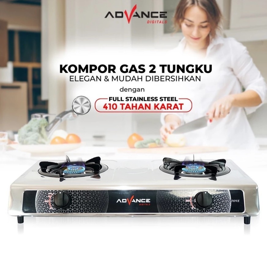 Advance Kompor Gas 2 Tungku GB6602S Body Full Stainless Steel kompor Api Biru