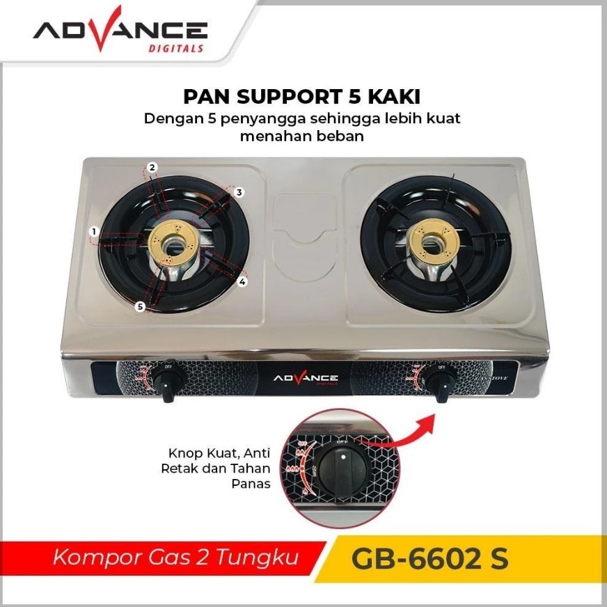 Advance Kompor Gas 2 Tungku GB6602S Body Full Stainless Steel kompor Api Biru