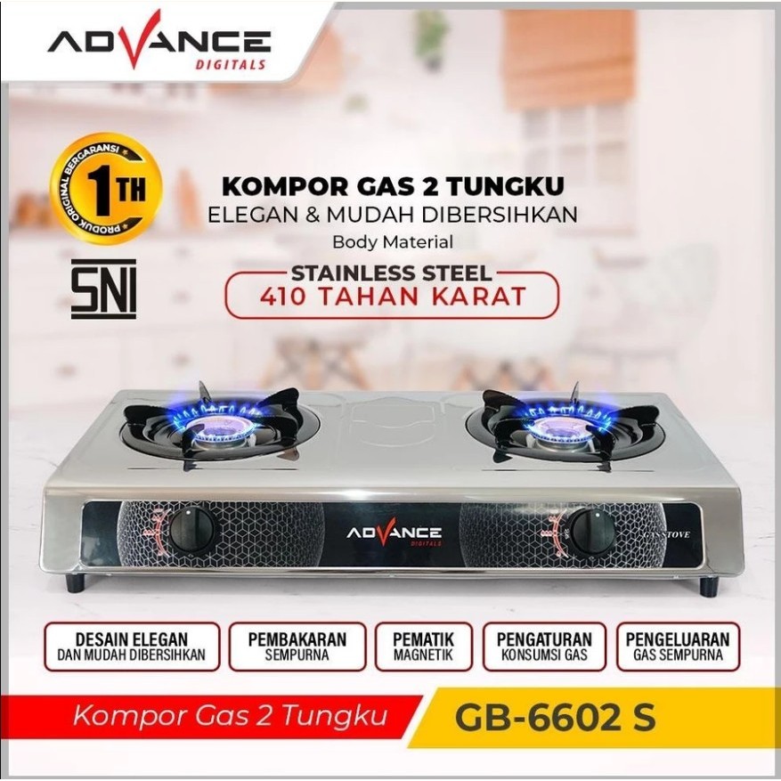 Advance Kompor Gas 2 Tungku GB6602S Body Full Stainless Steel kompor Api Biru