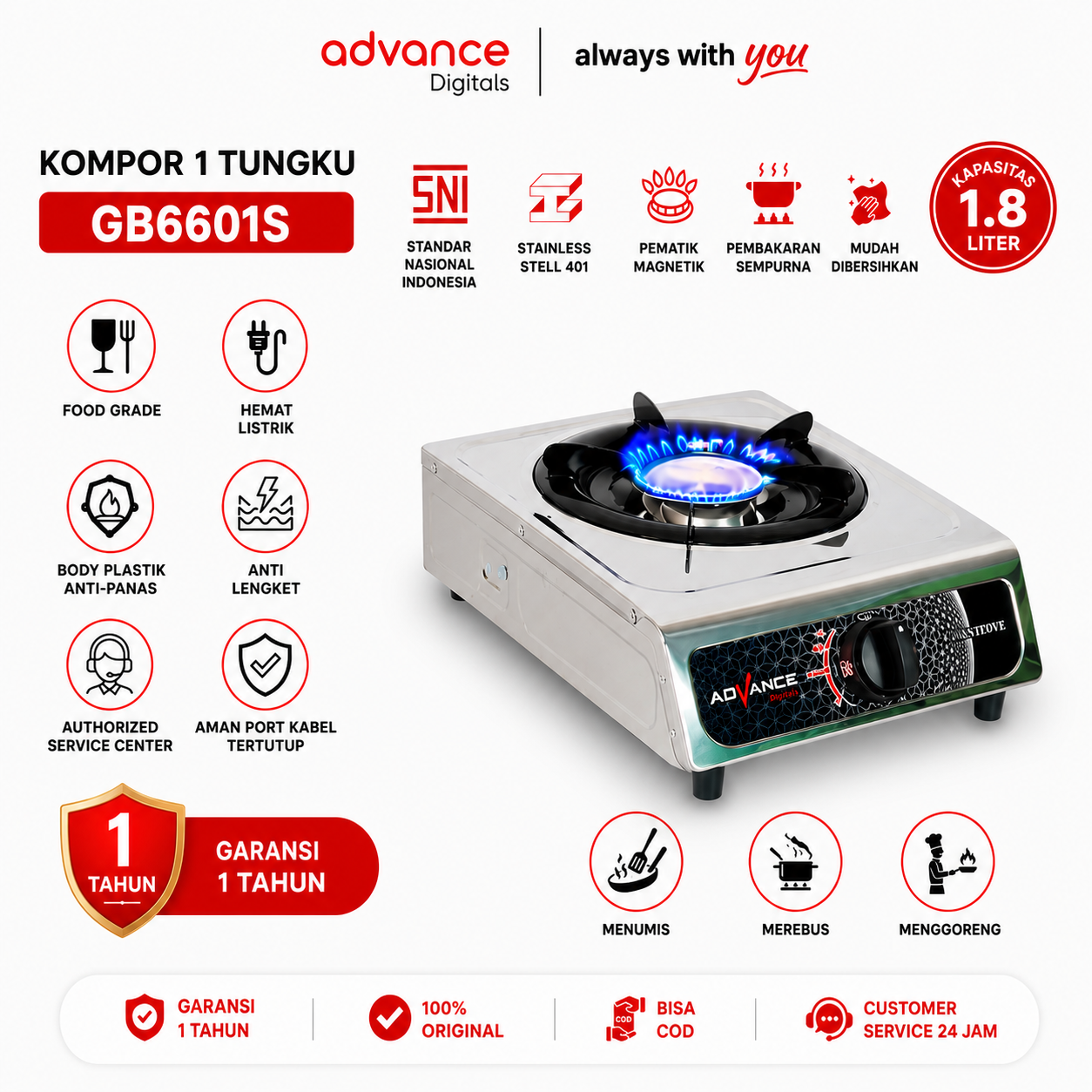 Advance Kompor Gas 1 Tungku GB6601S Body Full Stainless Steel kompor Api Biru