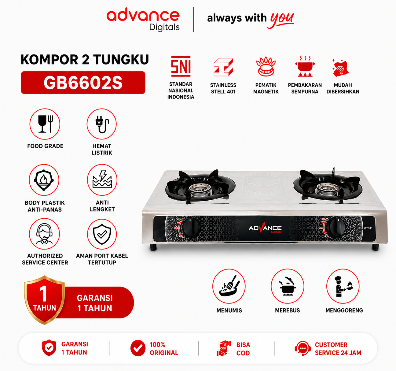 Advance Kompor Gas 2 Tungku GB6602S Body Full Stainless Steel kompor Api Biru