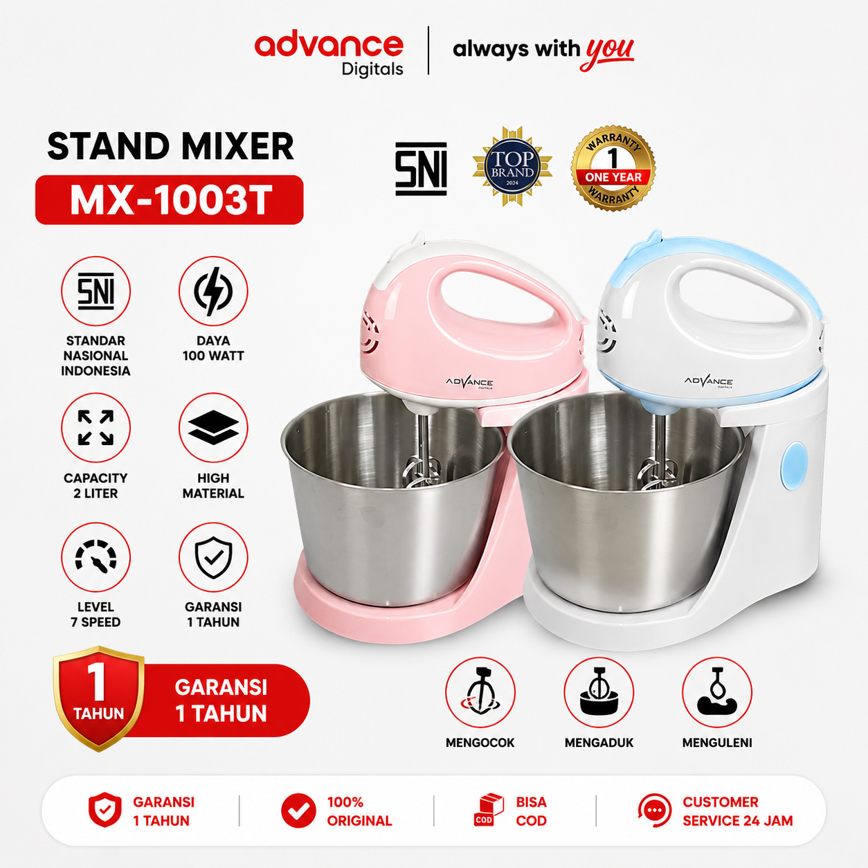 Advance Stand Mixer MX1003T 2 Liter 100 Watt 7 Kecepatan Garansi Resmi 1 tahun /  Mesin Pengaduk Adonan Multifungsi MX 1003 T  7 Speed / MX-1003T
