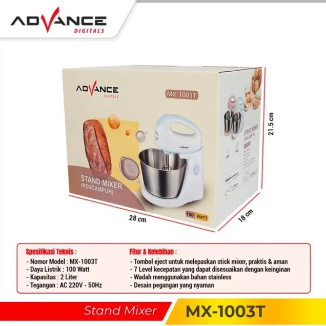 Advance Stand Mixer MX1003T 2 Liter 100 Watt 7 Kecepatan Garansi Resmi 1 tahun /  Mesin Pengaduk Adonan Multifungsi MX 1003 T  7 Speed / MX-1003T