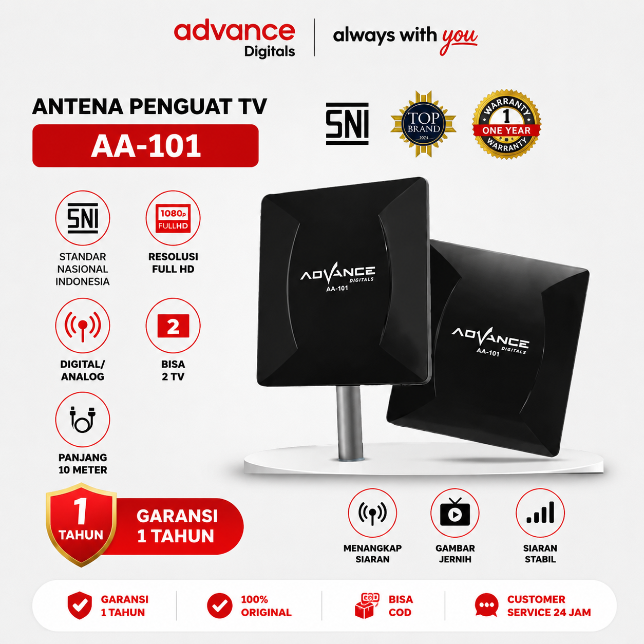 Advance Digitals Antena TV Indoor atau Outdoor Advance AA-101 Garansi Resmi 1 Tahun Penguat HDTV Digital Bisa Untuk TV tabung dan LED TV / AA101 Antena Dalam dan Luar Ruangan Sudah ada bracket untuk tiang antena AA101