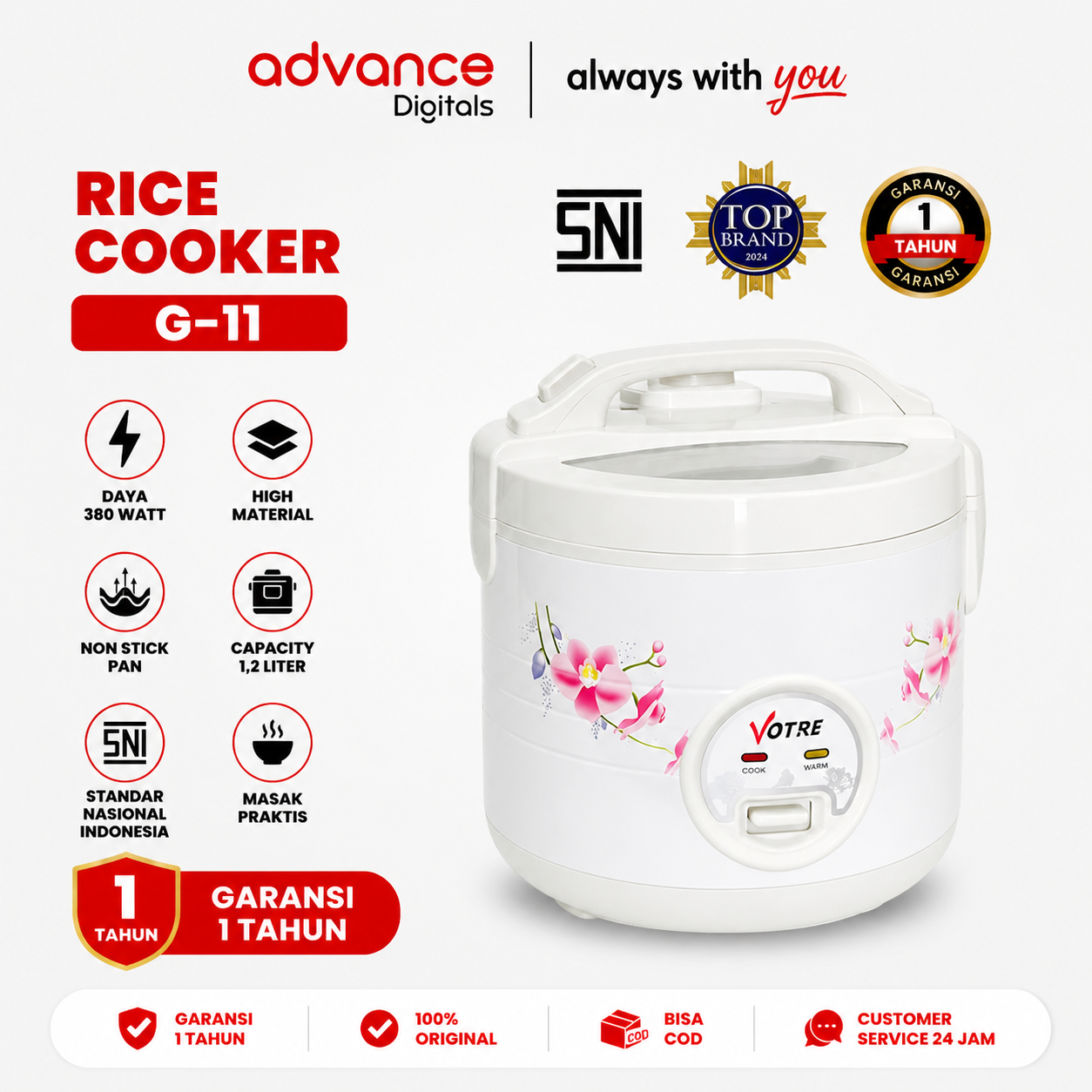 VOTRE Penanak Nasi G11 Rice Cooker 1.2 Liter Magic Com G 11 Tutup Kaca Transparan Garansi 12 Bulan